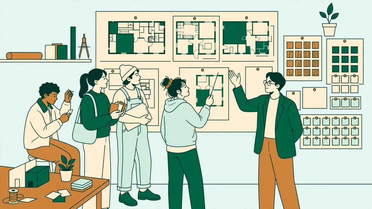 Des étudiants punaisent plans et planches de matières au mur pendant qu'une enseignante commente un projet d'intérieur