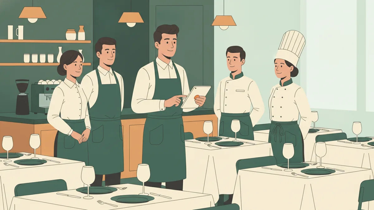 Dessin d'une jeune responsable avec une tablette qui briefe trois serveurs et un cuisinier avant le service dans une brasserie aux tables dressées.