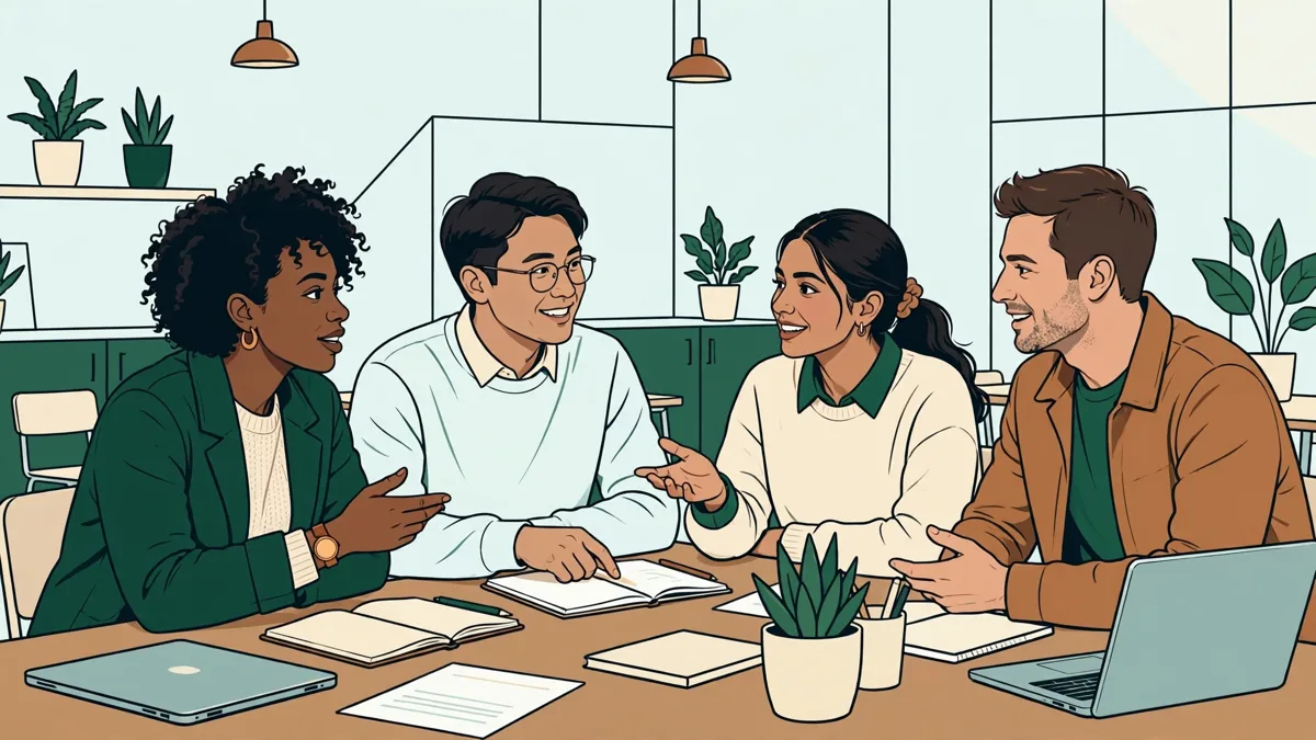 Quatre étudiants d'origines diverses débattent autour d'une table sur un cas de gestion, ordinateurs et carnets ouverts