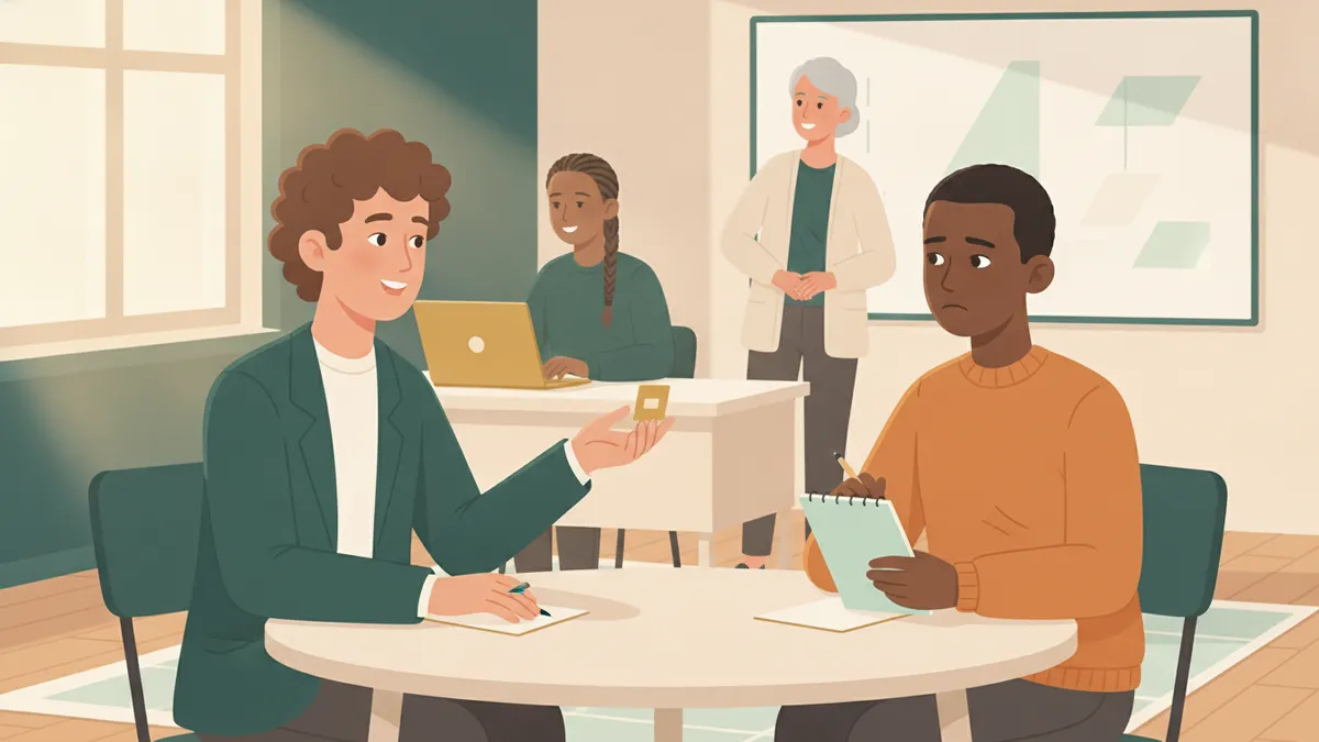 En salle de cours, un étudiant présente un produit à une camarade qui joue la cliente pendant qu'un autre prend des notes et que l'enseignante observe