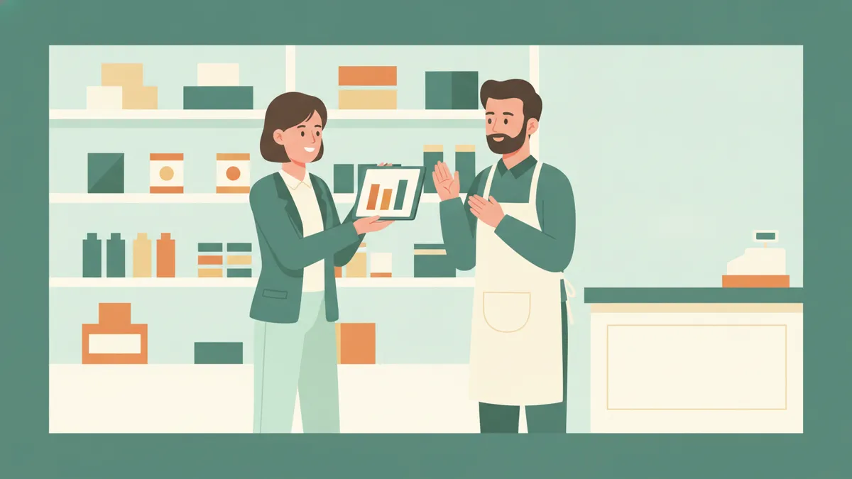 En stage dans une boutique, une étudiante montre un graphique sur tablette au commerçant qui l'accueille pour discuter des ventes