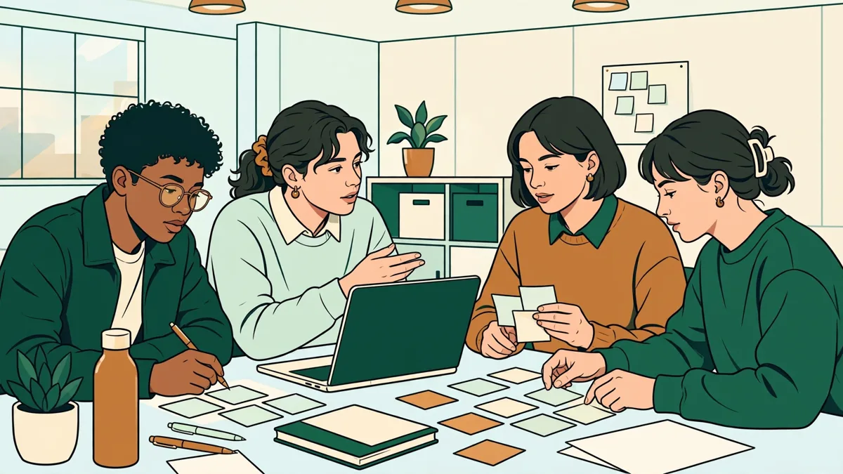 Quatre étudiants autour d'une table qui préparent ensemble une présentation de cas d'entreprise.