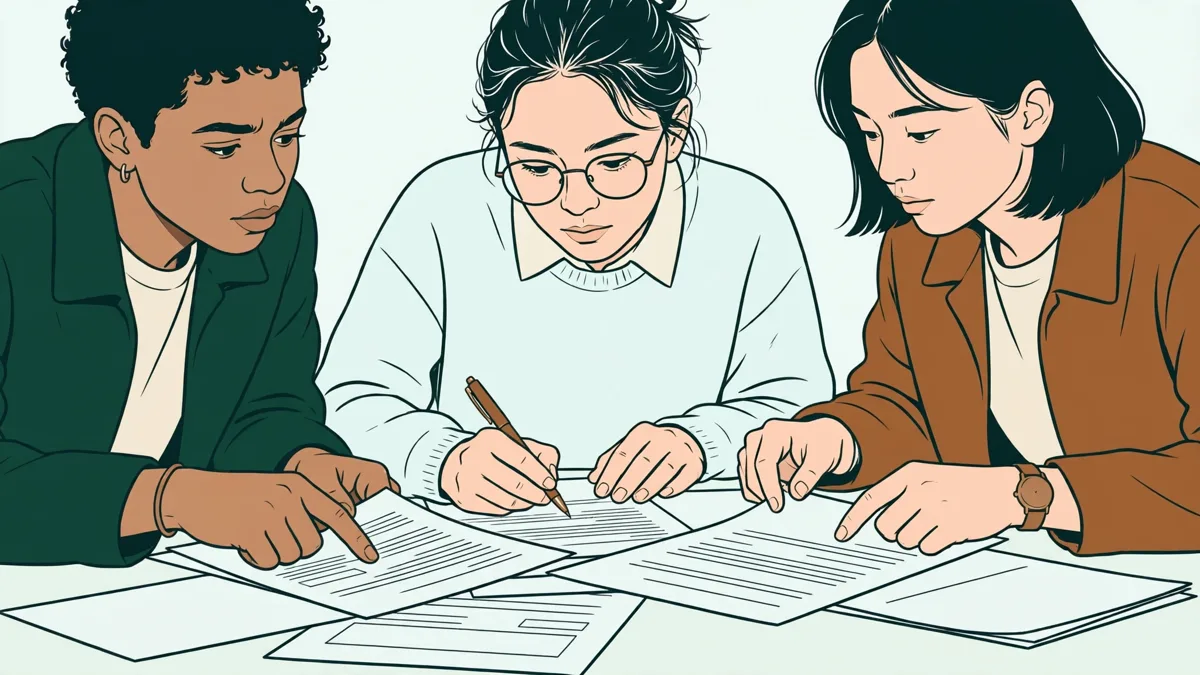 Trois étudiants qui simulent une négociation autour de documents contractuels étalés sur une table.