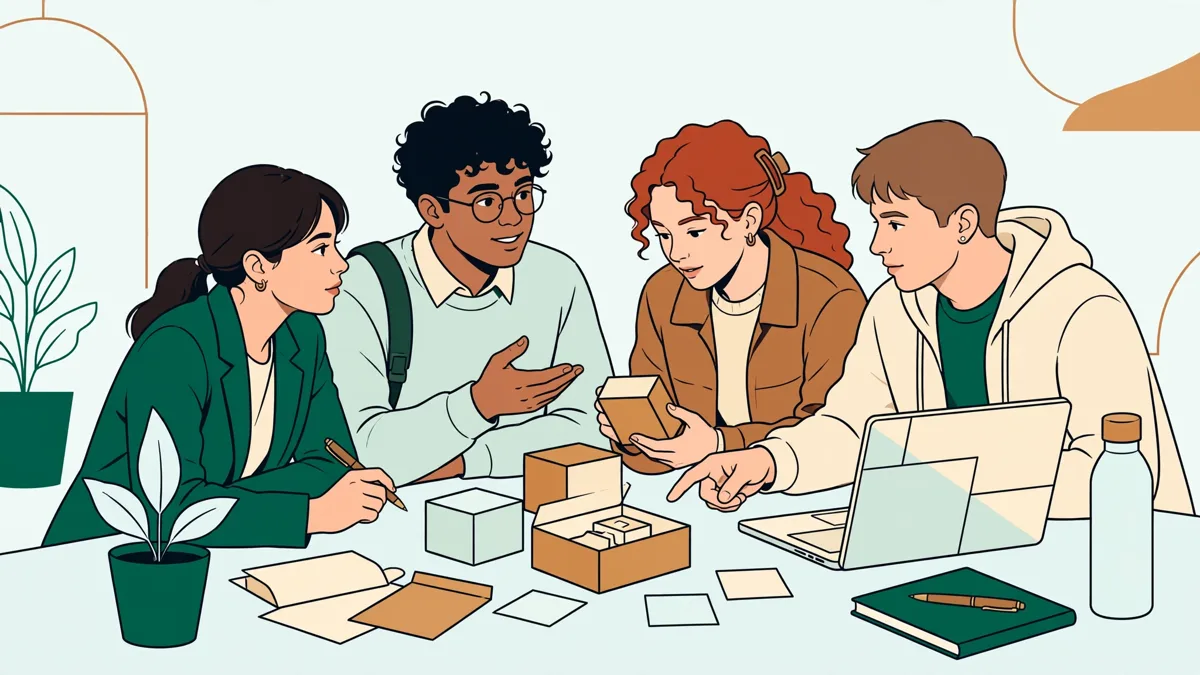 Quatre étudiants en école de commerce préparent un argumentaire autour d'une table, avec ordinateur et maquettes de produits.