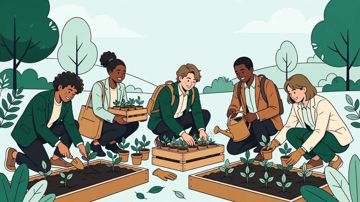 Un groupe d'étudiants en mission environnementale, en train de trier et replanter sur un terrain.