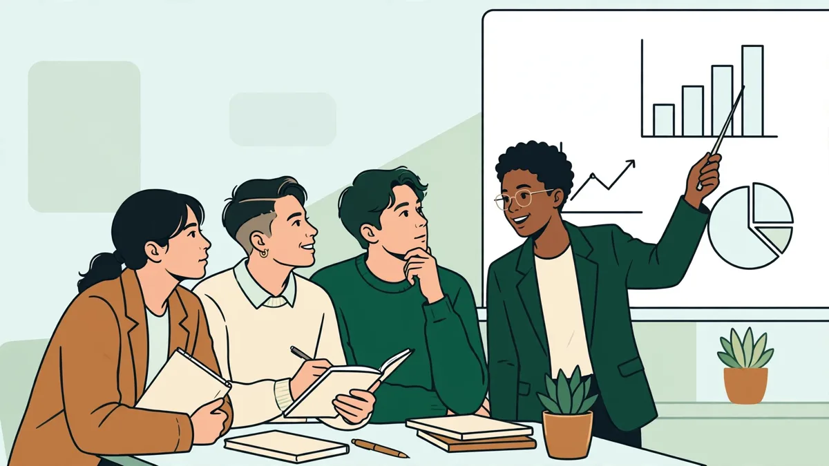 Quatre étudiants présentent une campagne marketing devant un tableau, l'un montre un graphique pendant qu'une autre prend des notes.