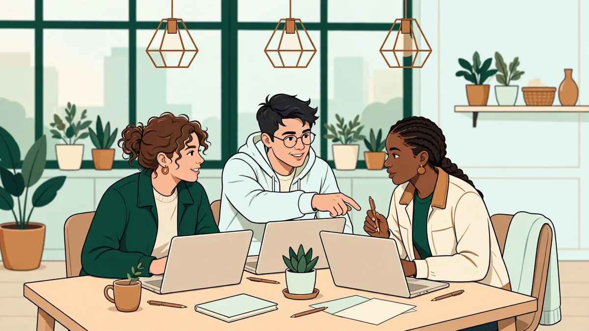 Trois étudiants en tenue professionnelle échangent autour d'ordinateurs portables posés sur une table, comme pendant une semaine en entreprise.