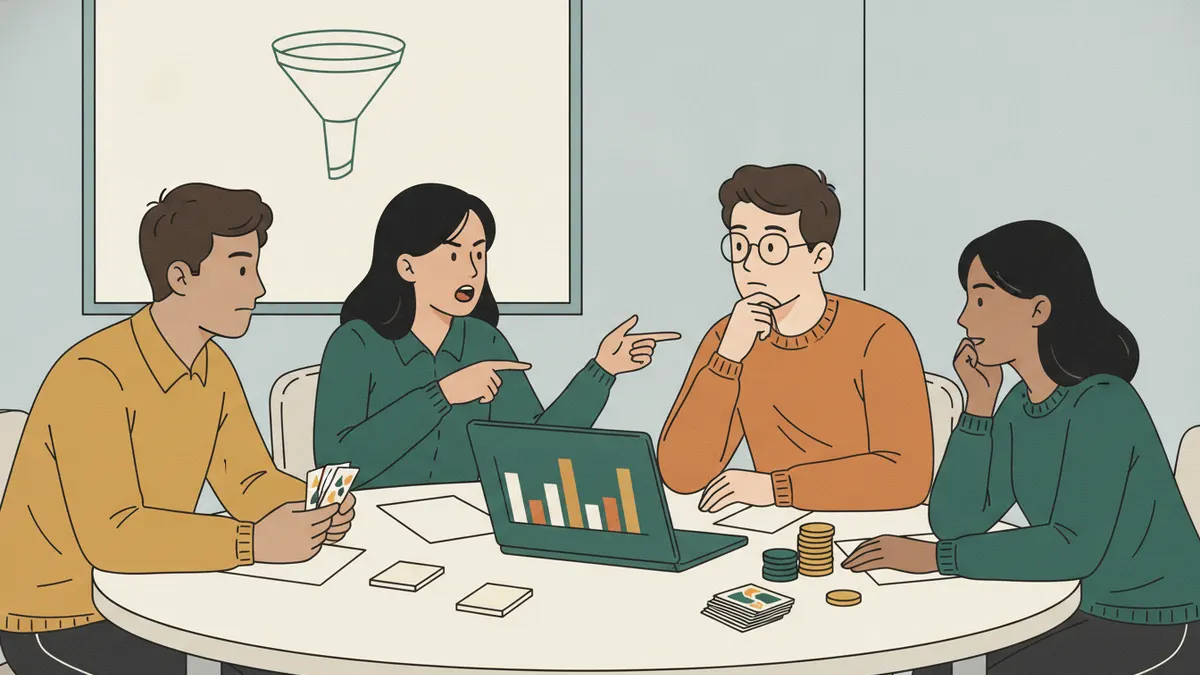 Quatre étudiants autour d'une table jouent une simulation d'entreprise avec graphiques, cartes et jetons.