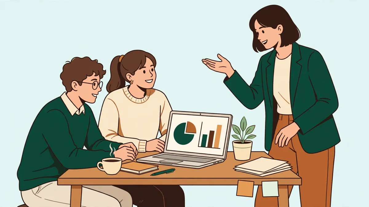 Trois étudiants autour d'une table qui préparent ensemble une présentation de projet sur un ordinateur portable