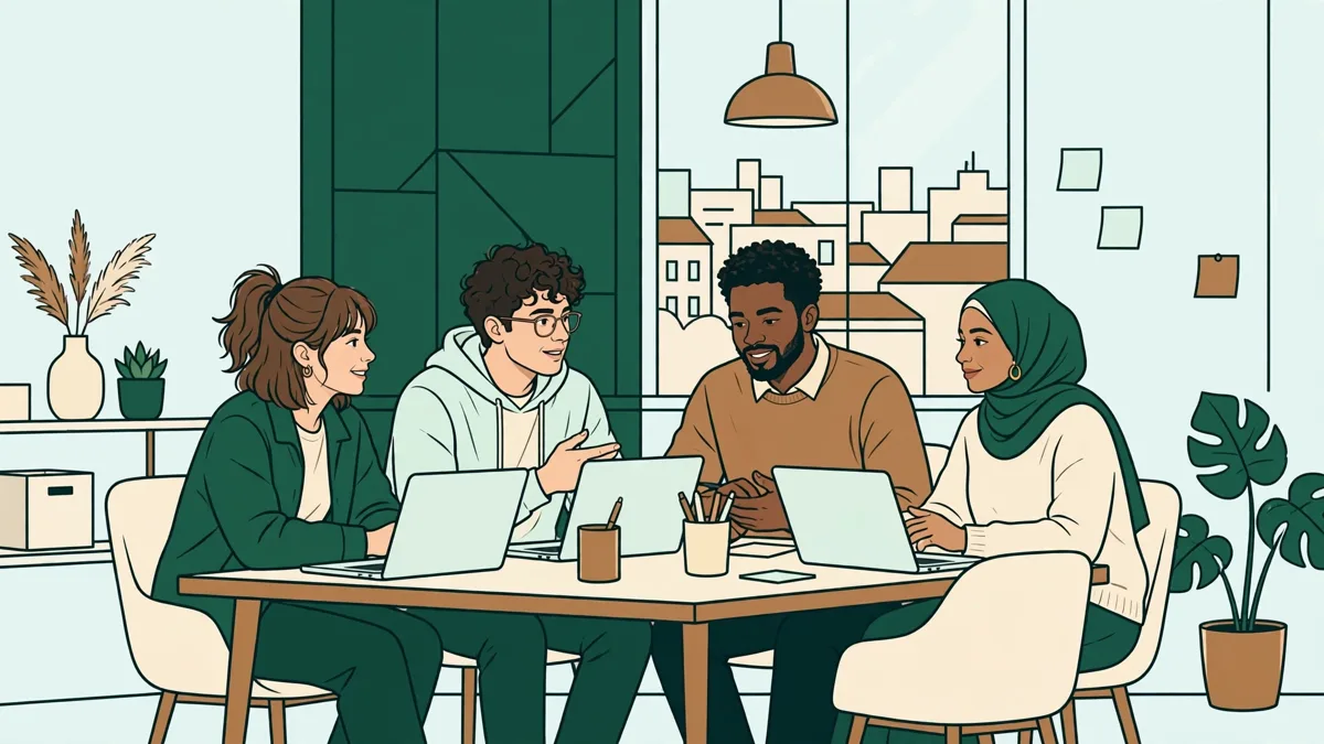 Deux étudiants en mobilité qui échangent avec des collègues dans un bureau multiculturel
