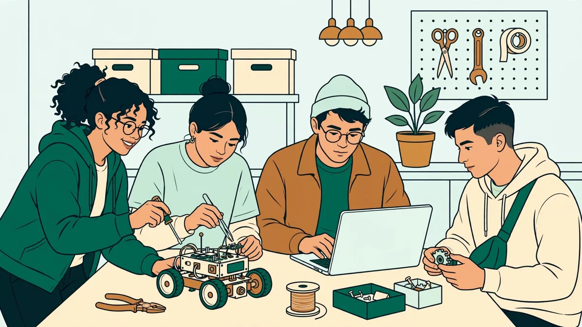 Quatre étudiants autour d'une table qui assemblent un petit robot et vérifient du code sur un ordinateur portable pendant un atelier