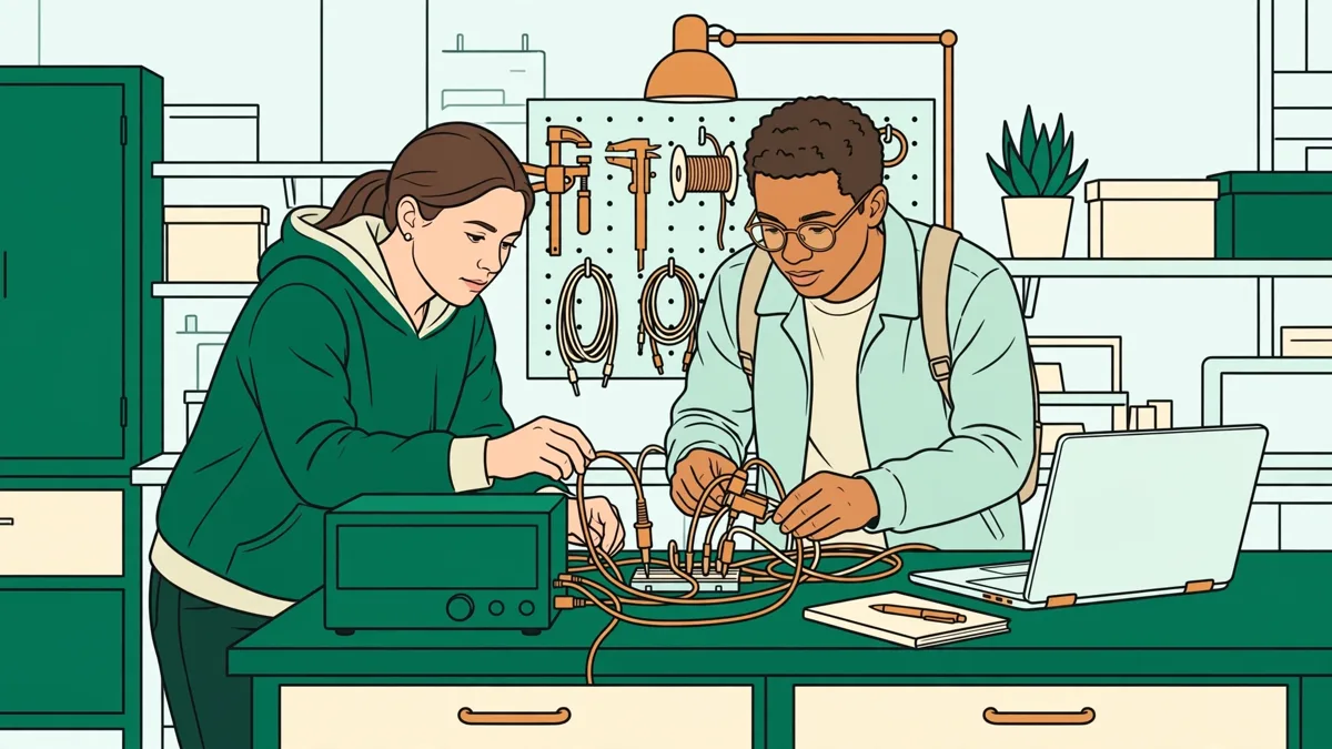 Deux étudiantes qui règlent un banc de mesure électronique avec capteurs et ordinateur portable dans un atelier lumineux