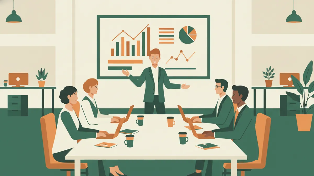 Un jeune présente un plan marketing avec graphiques sur un écran mural devant une petite équipe en entreprise.