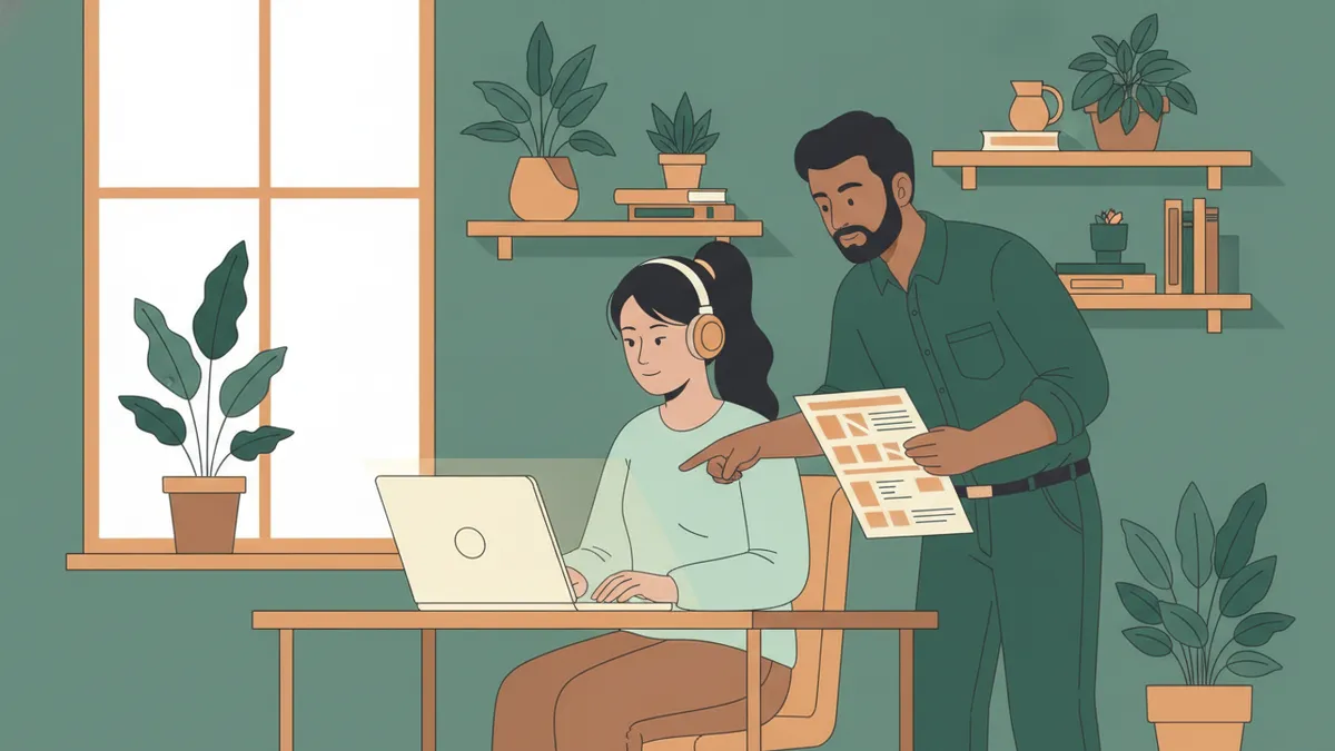 Une alternante avec un casque prépare un rendez-vous client pendant que son tuteur lui montre une liste de clients