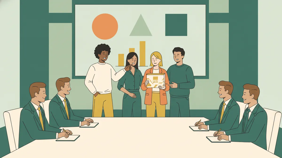 Quatre étudiants défendent leur projet d'entreprise avec graphiques et maquette devant un jury.