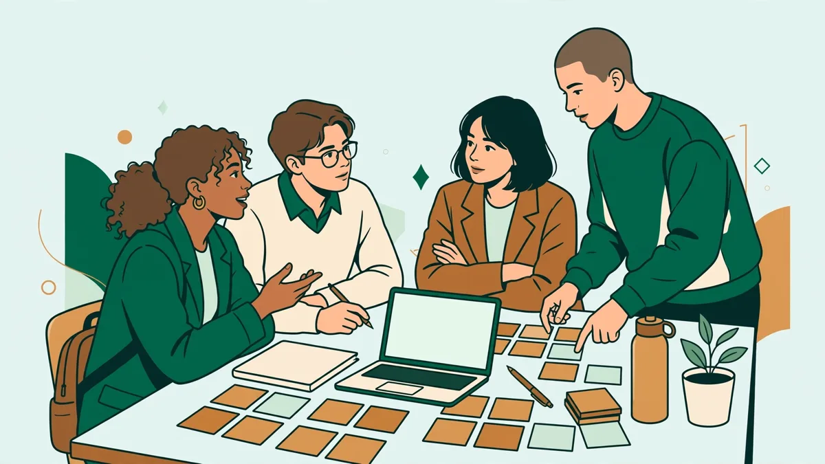 Quatre étudiants en bachelor marketing autour d'une table qui construisent une offre commerciale avec post-its et ordinateur.