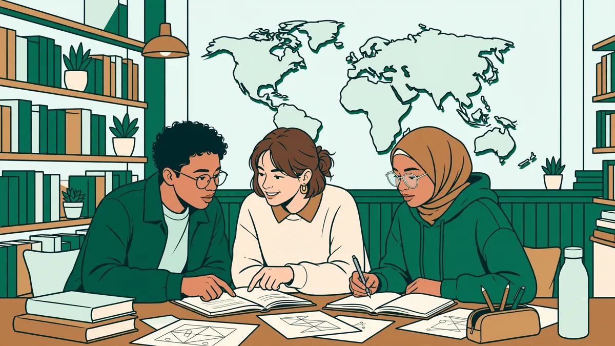 Trois étudiants qui préparent ensemble un exposé en anglais en bibliothèque, cartes en arrière-plan.