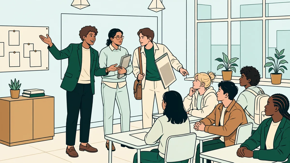 Trois étudiants debout qui présentent leur projet marketing devant leurs camarades attentifs en classe.
