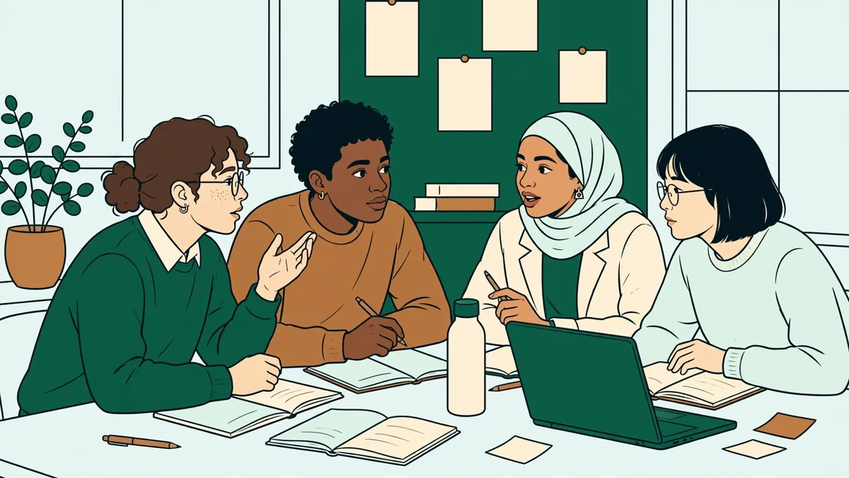Petit groupe d'étudiants qui débattent autour d'une table en séminaire à Nancy, carnets et ordinateur ouverts
