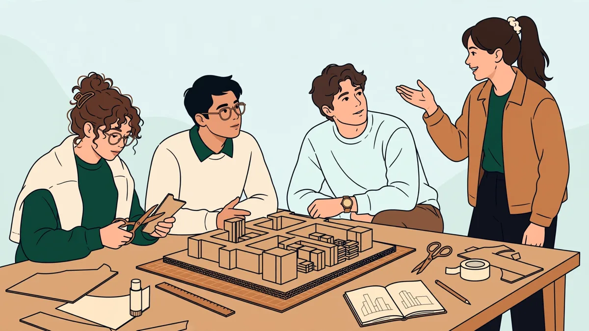 Quatre étudiants autour d'une table d'atelier en train de coller une maquette en carton et de discuter des plans.