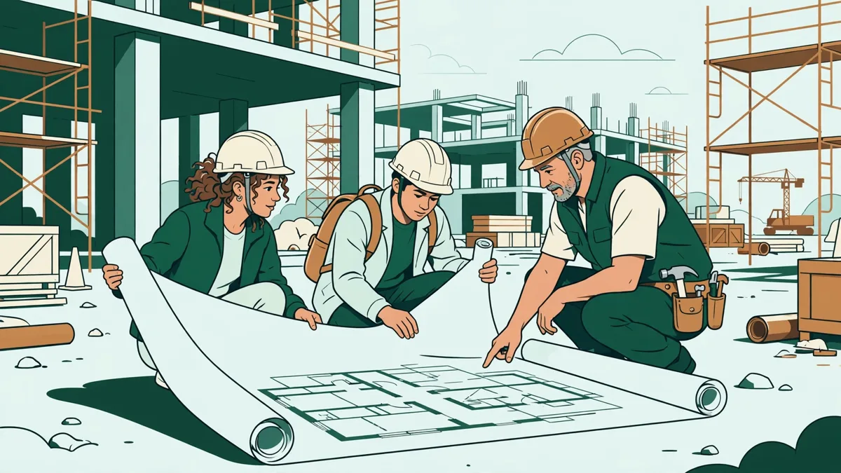 Deux étudiants en casque déroulant un grand plan sur un chantier avec un professionnel.