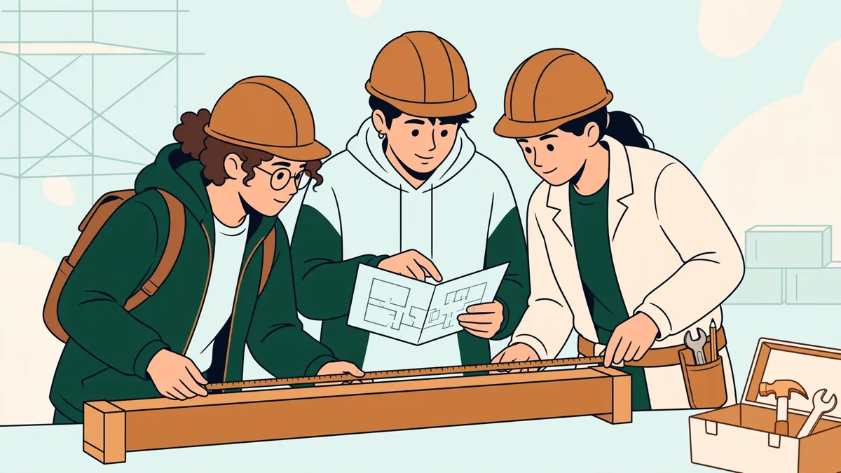 Trois étudiants mesurant une poutre sur un chantier pédagogique et annotant un carnet.