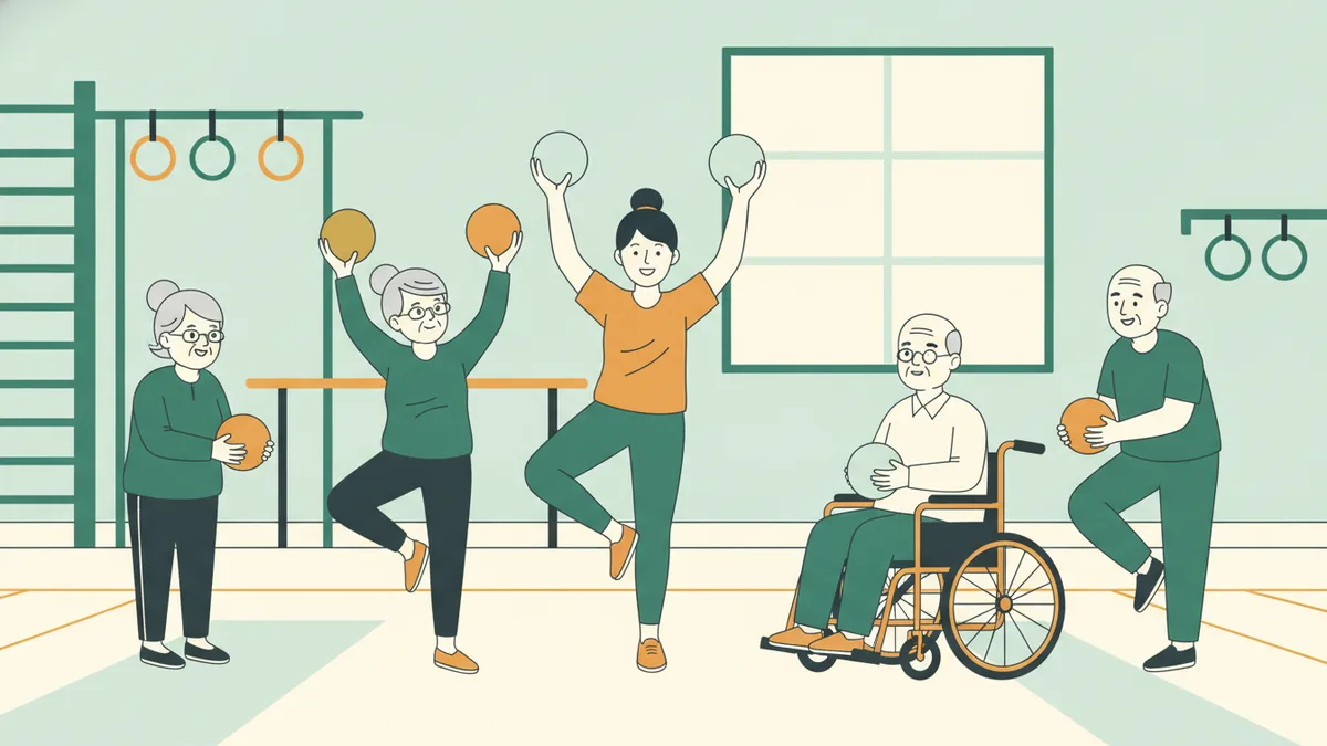 Dans un gymnase, une jeune éducatrice montre un exercice d’équilibre avec des ballons souples à un groupe de seniors, dont un homme en fauteuil roulant.