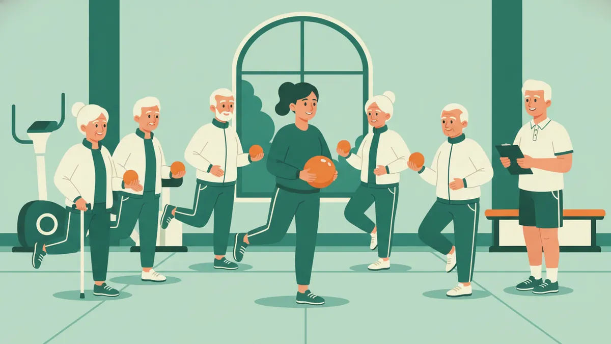 Dans un gymnase, une éducatrice mène un exercice avec ballons souples devant des seniors pendant qu’un formateur prend des notes.
