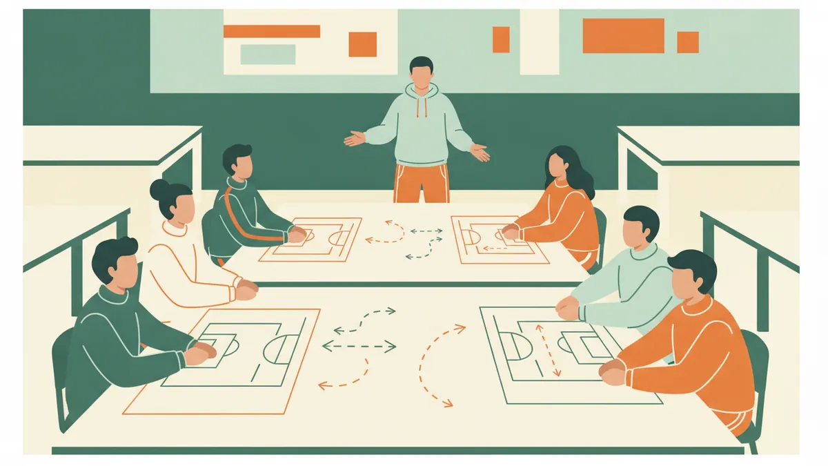 En salle de formation, des stagiaires en tenue de sport préparent une séance sur de grandes feuilles avec des schémas de terrain.