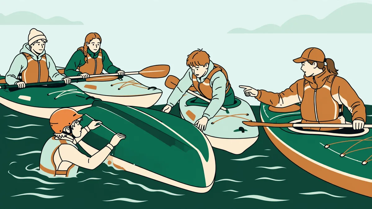 Trois stagiaires en kayaks de mer s'exercent à remonter après un dessalage pendant qu'un formateur les guide.