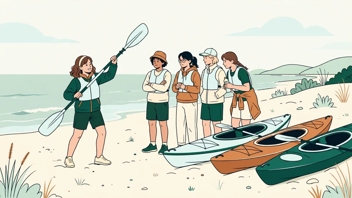 Une jeune monitrice montre un geste de pagaie à un groupe de débutants à côté de leurs kayaks sur une plage.