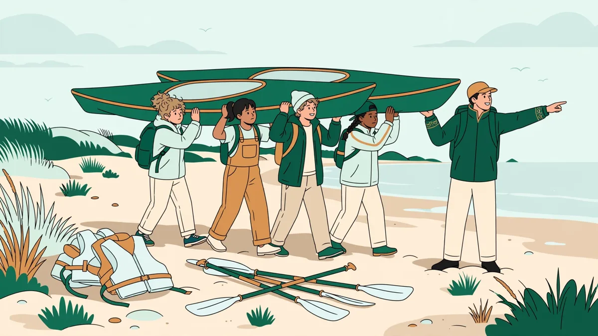 Des stagiaires portent ensemble des kayaks de mer sur une plage sous le regard d'un formateur.