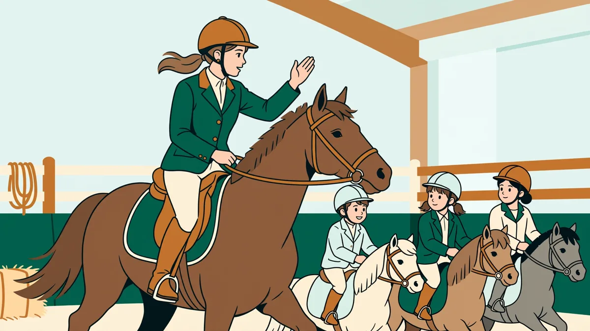 Une jeune monitrice à cheval qui guide une file d'enfants à poney dans un manège clair.