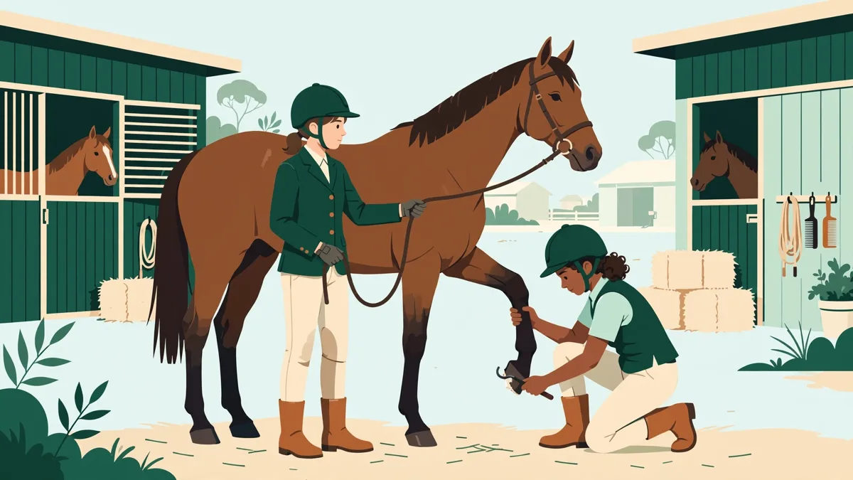 Deux élèves qui pansent un cheval bai dans une cour d'écurie, l'un cure un sabot.