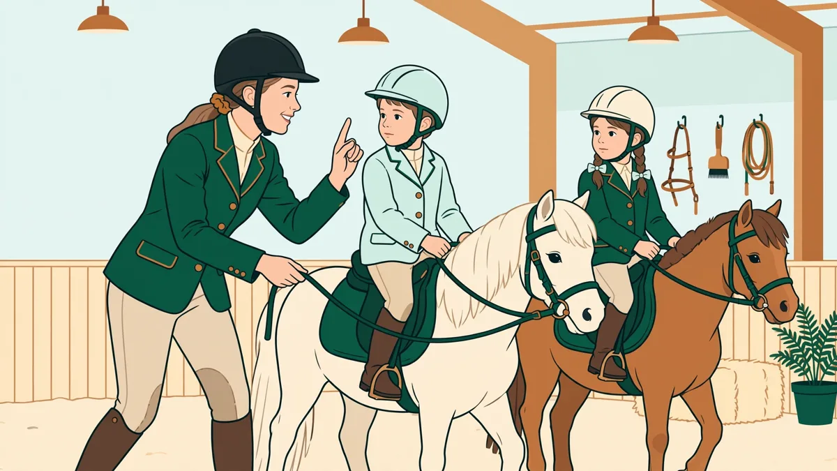 Une élève monitrice au centre du manège qui guide des enfants à poney sur un exercice.