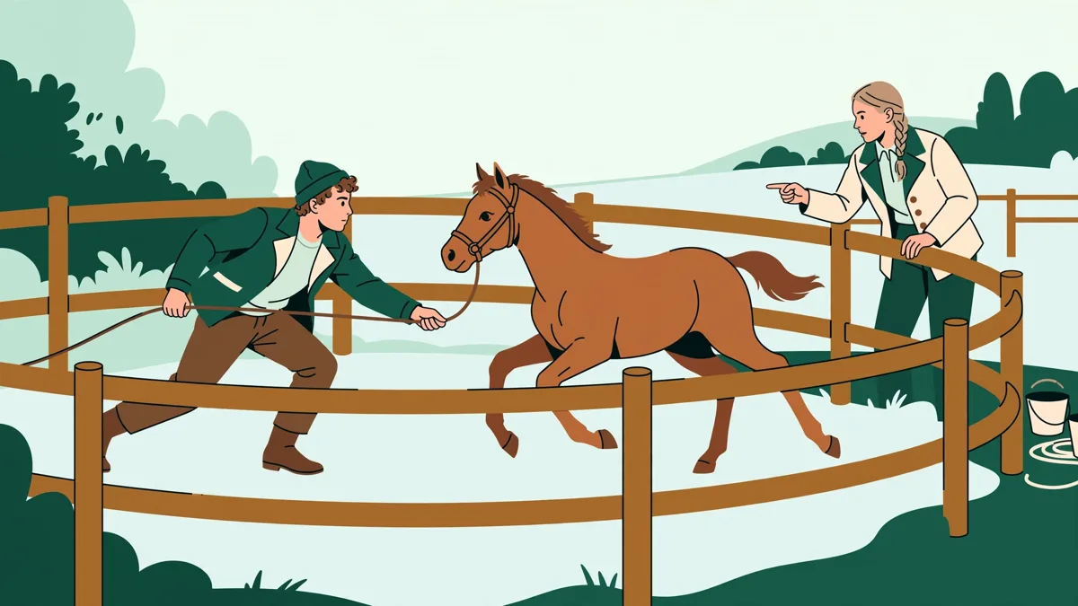 Un élève qui longe un jeune cheval dans un rond pendant qu'une formatrice conseille.