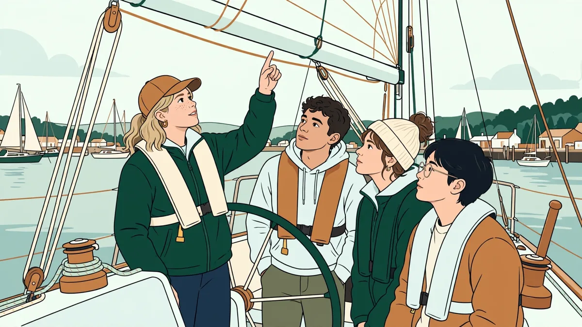 Une monitrice stagiaire expliquant une manœuvre sur un voilier habitable à un petit équipage