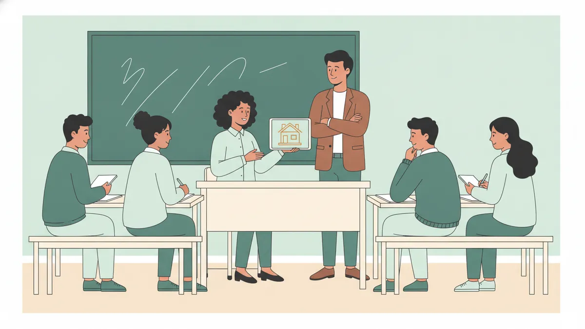 En classe, un étudiant joue le conseiller et explique un contrat d'habitation sur tablette à une camarade cliente, sous le regard d'un professionnel.