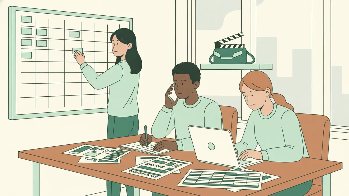Trois jeunes autour d'une table couverte de plannings : l'une colle des fiches sur un tableau, un autre téléphone, la troisième vérifie un budget.