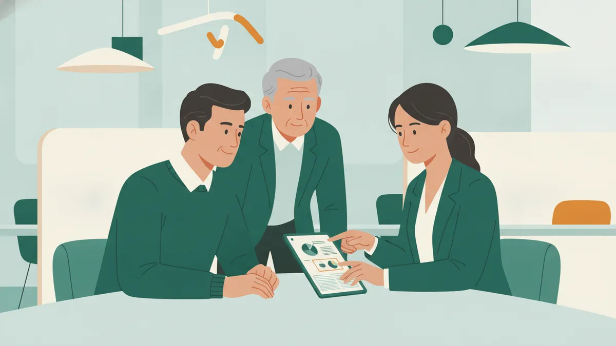 En agence, une jeune stagiaire présente un plan d'épargne sur une tablette à un client, guidée par un conseiller expérimenté.