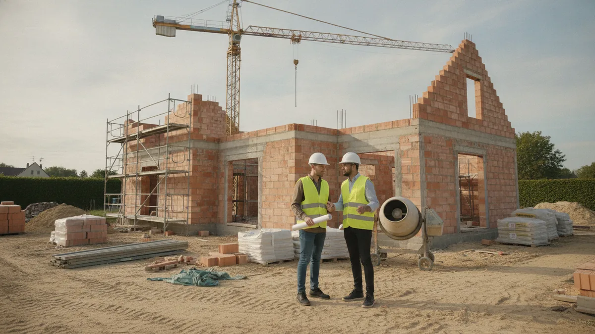 Deux étudiants en casque et gilet jaune relisent un plan devant une maison en construction, grue au fond.