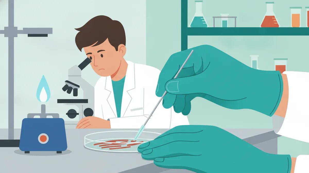 En microbiologie, un étudiant en gants ensemence une boîte de Petri près d'un bec à flamme pendant qu'un autre observe au microscope.