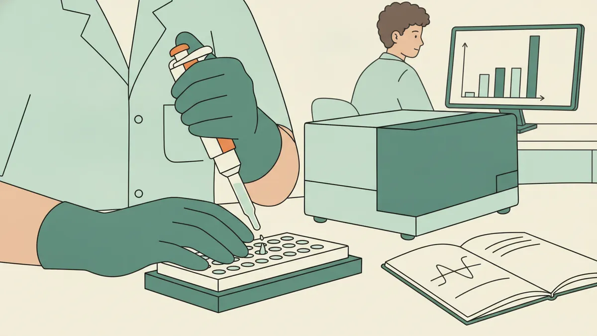 En contrôle qualité, une étudiante remplit une microplaque à la micropipette puis analyse ses résultats sur écran et cahier.