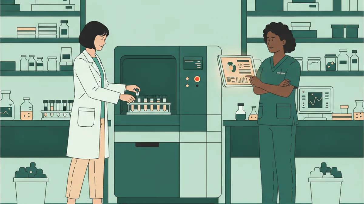 Une stagiaire en blouse charge un portoir de tubes dans un automate d'analyse pendant qu'une technicienne contrôle les résultats sur tablette