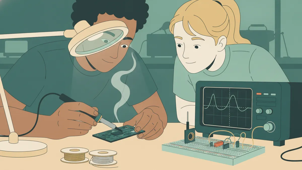 Un étudiant soude une carte électronique sous une lampe-loupe pendant qu'une étudiante contrôle une courbe sur un oscilloscope.