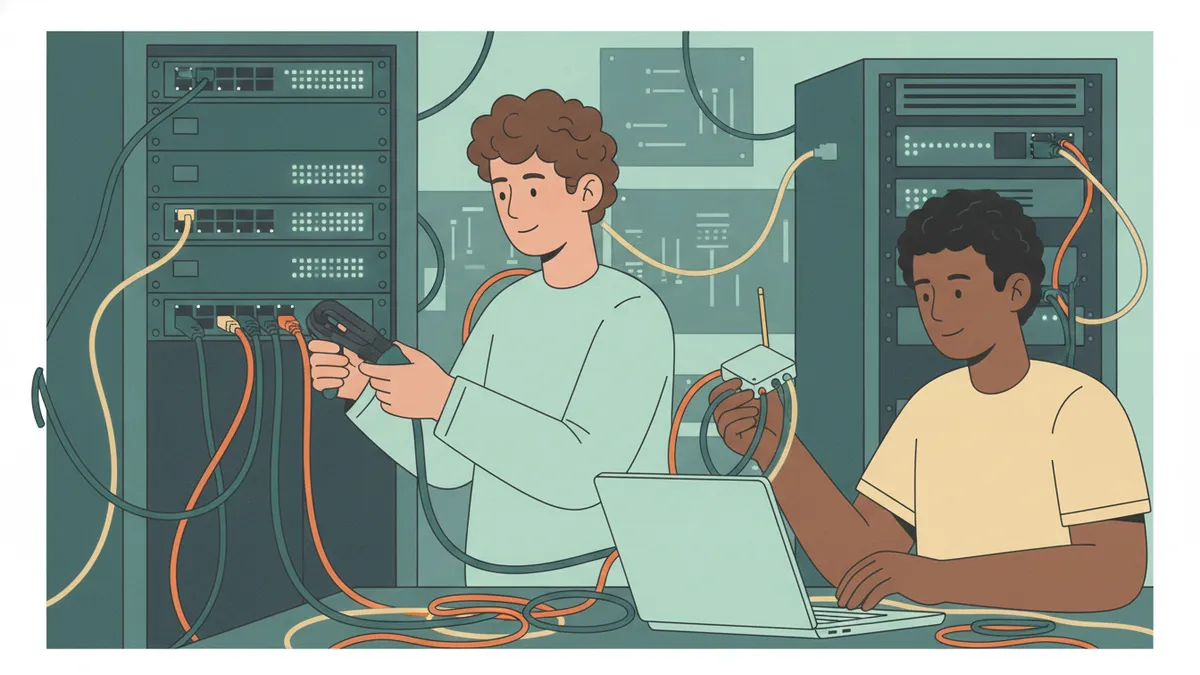Deux étudiants en laboratoire réseaux : l'un branche un câble dans une baie, l'autre teste un boîtier connecté sur portable.