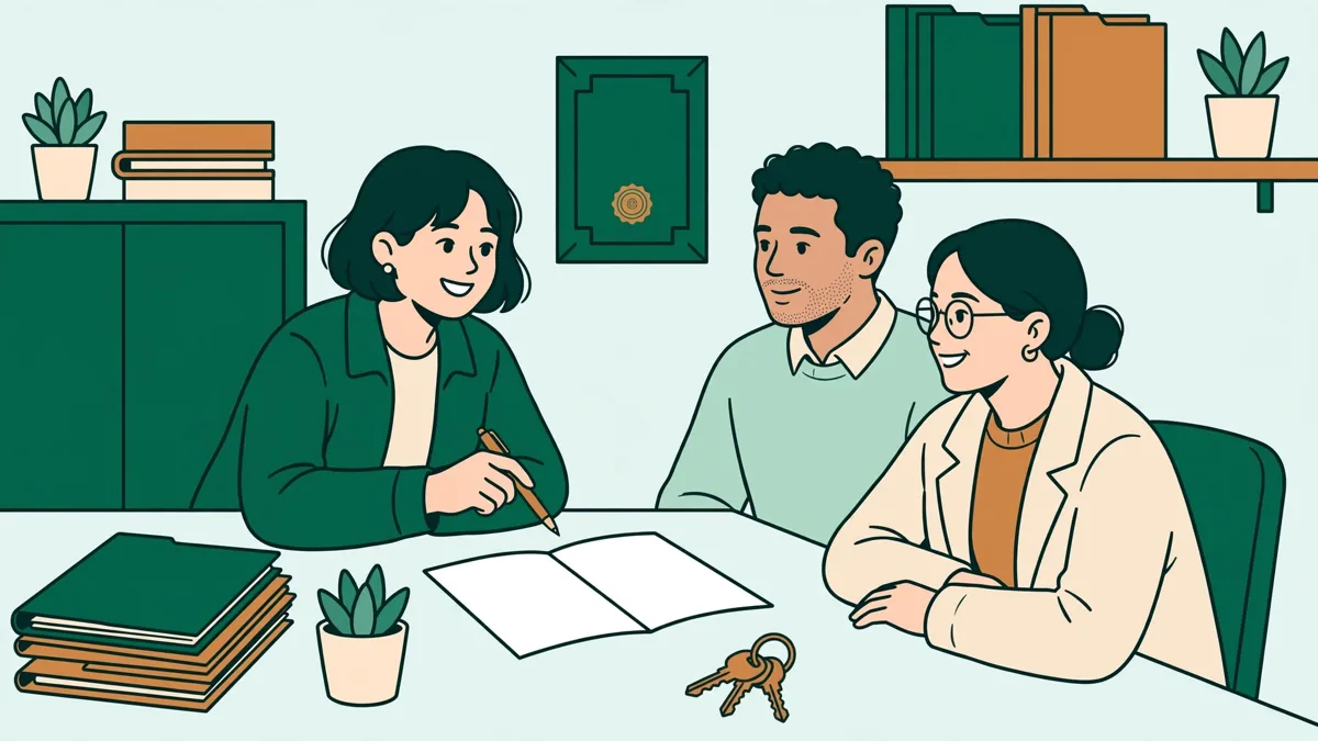 Une apprentie accueille un couple de clients autour d'un dossier dans un office notarial lumineux.