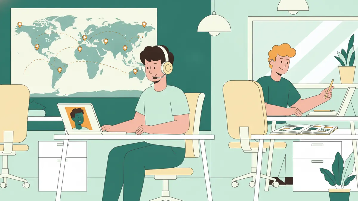 Un étudiant en stage dans un petit bureau étranger échange en visioconférence avec un client, casque sur les oreilles.