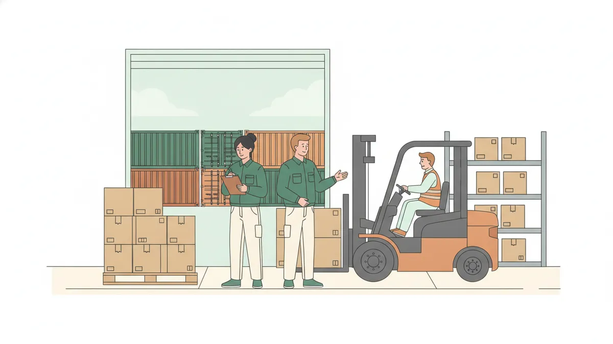 Deux étudiants en stage vérifient des cartons sur une palette dans un entrepôt de logistique.