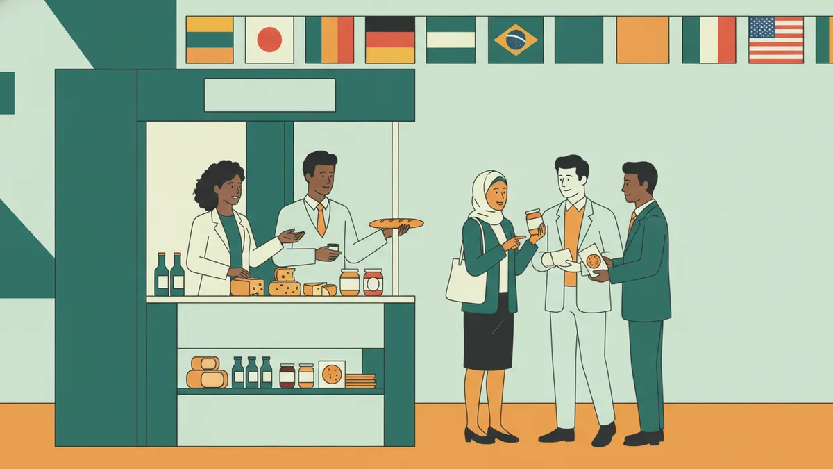 Sur un salon international, deux apprentis présentent des produits français à des acheteurs étrangers.